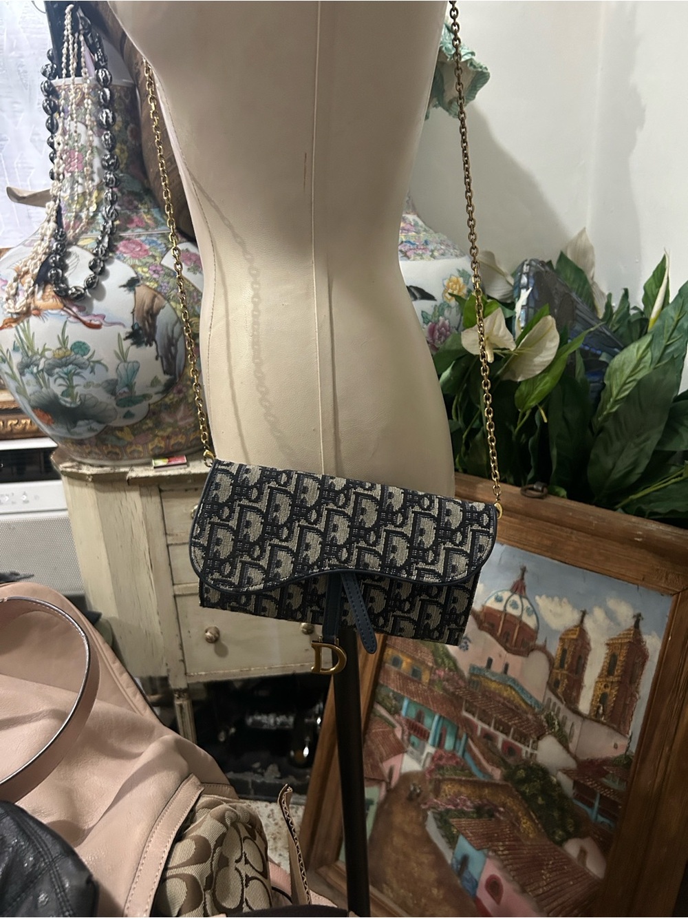 Navy Patterned Crossbody Bag with Gold Chain